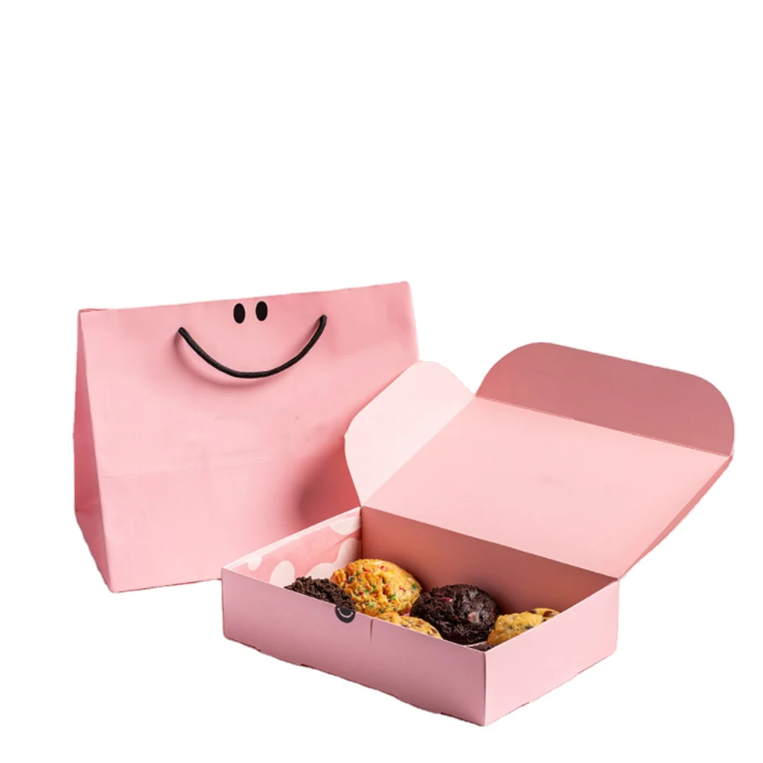 Hot Sale Pink Cookie Gift Box N Paper Bags Packaging Oem Cardboard Paper Box Cake Biscuits Paper Cardboard Box With Custom Logo