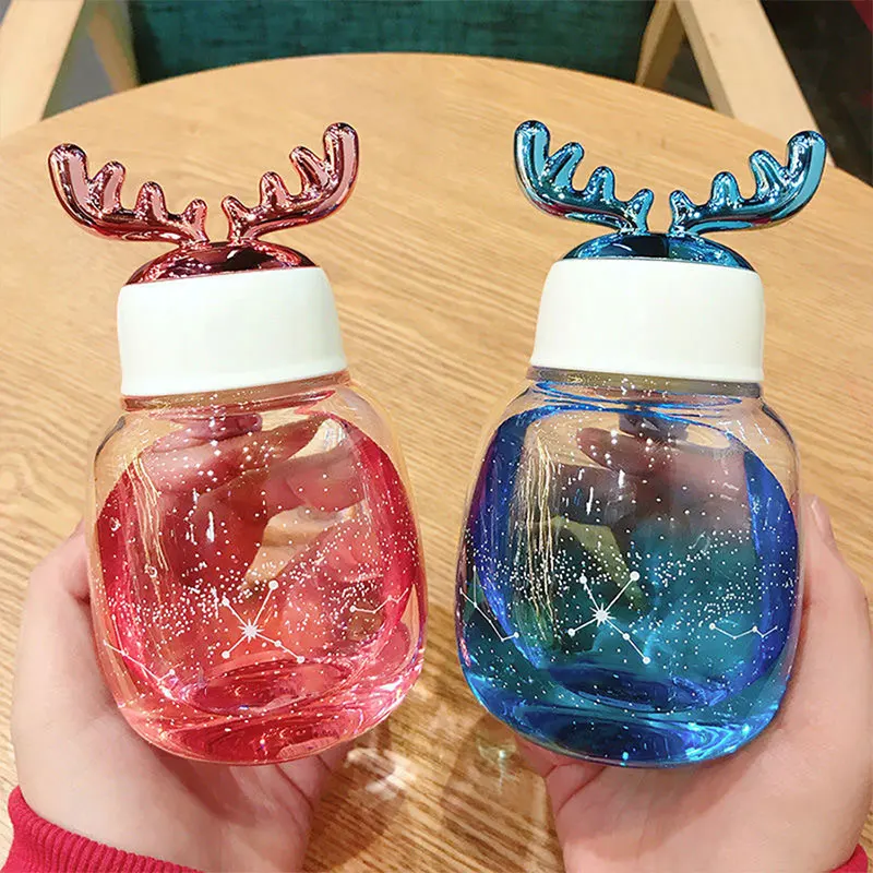 Thickened glass gradient color star portable rope cute glass bottle with antler shaped lid