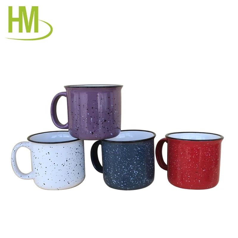 Custom print glazed color with black speckles enamel outdoor camping fire ceramic mugs