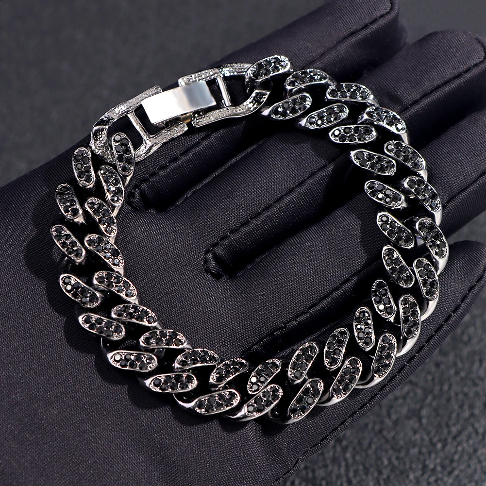 Fashion Hip Hop Black Diamond Iced Out Jewelry Bling Bling Crystal Rhinestones Miami Cuban Link Chain Bracelet For Men Women