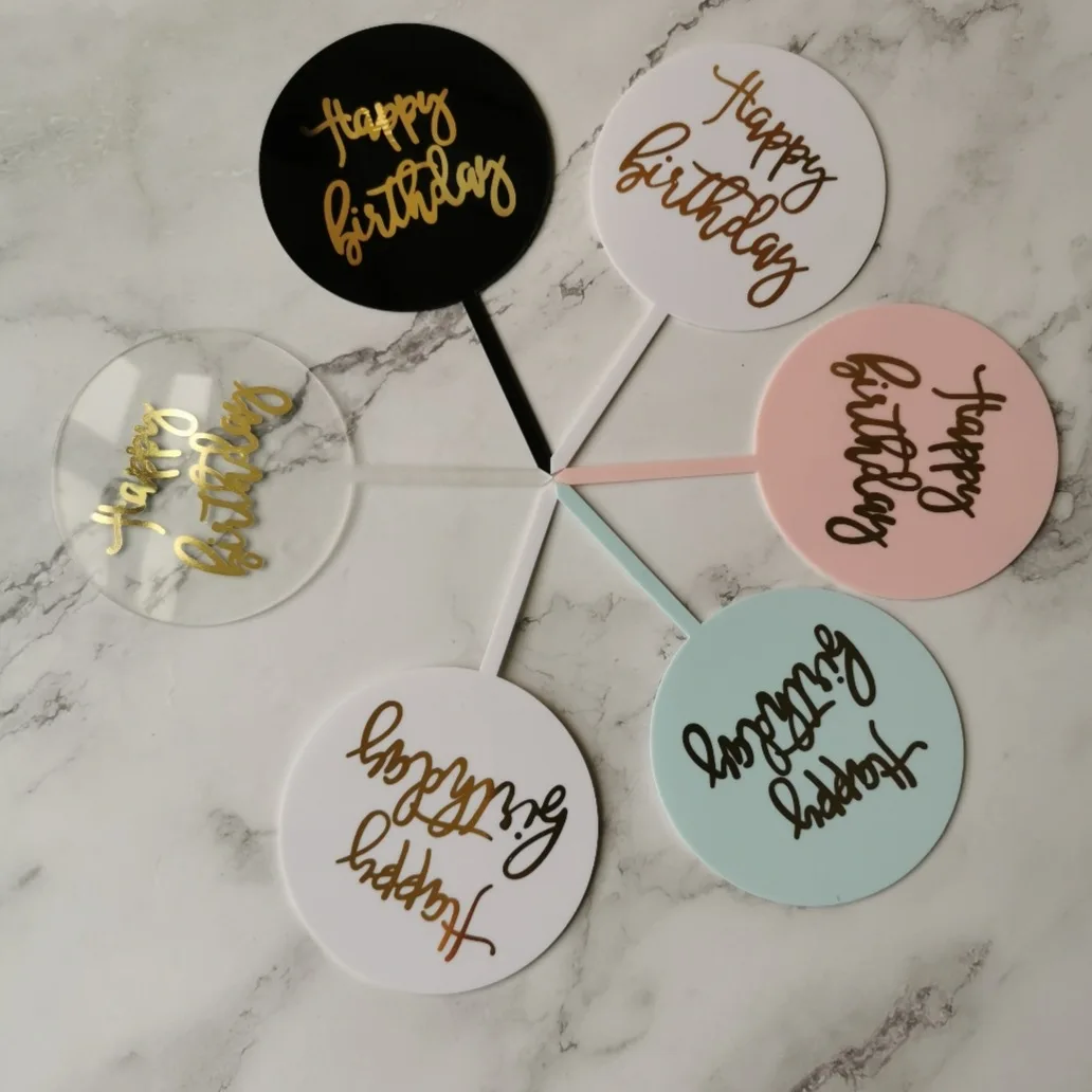 Cheap Price Acrylic bronzing cake  Topper  Round Heart Shape Star Shape Happy Birthday  Acrylic  Cake Toper