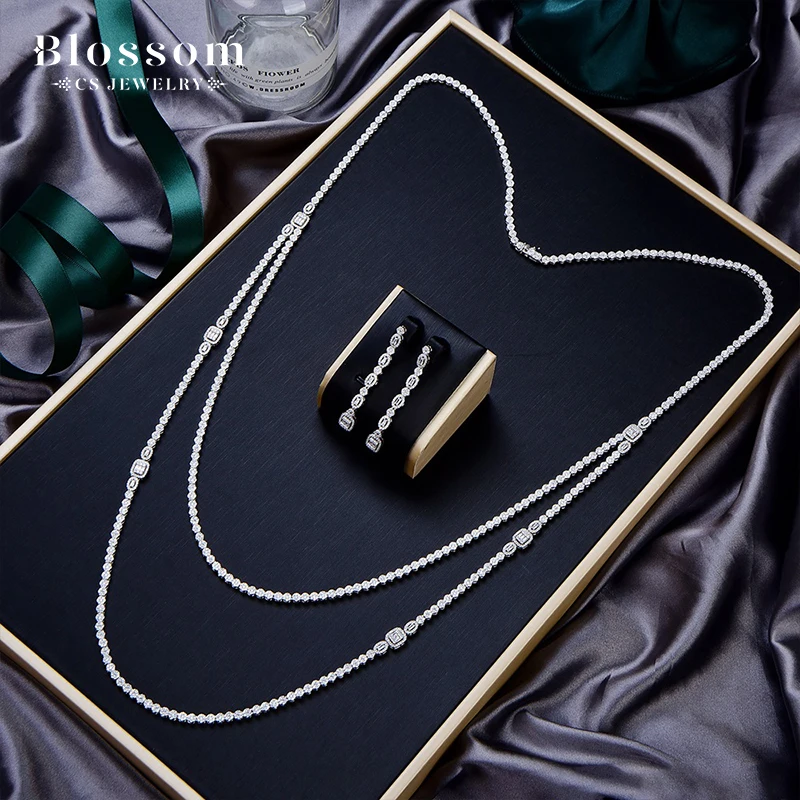 China Wholesale Dubai Ladies Long Chain Necklace Cz White Zircon Precious Stone Women 100% Fine 925 Sterling Silver Jewelry Sets