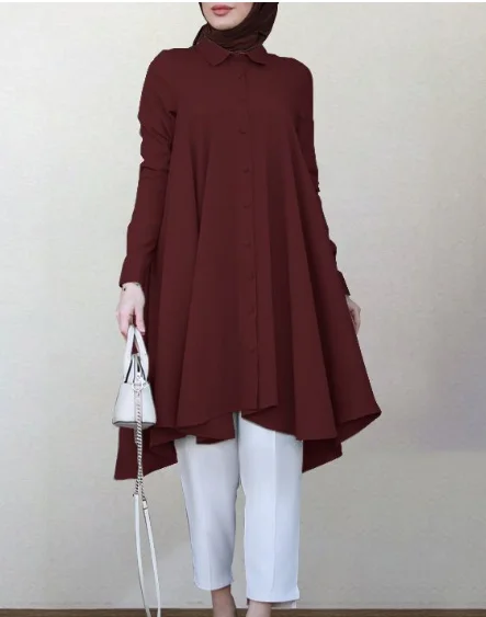 2021 мусульманская однотонная водолазка на пуговицах ласточкин хвост изогнутая Нижняя многоцветная женская блузка с длинными рукавами