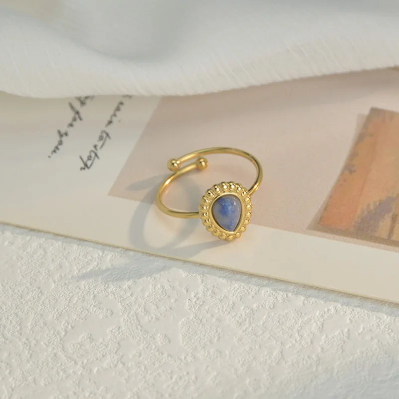 French Style Retro Elegant 14K Gold Plated Adjustable Water Drop Pine Stone C Shape Ring for Women