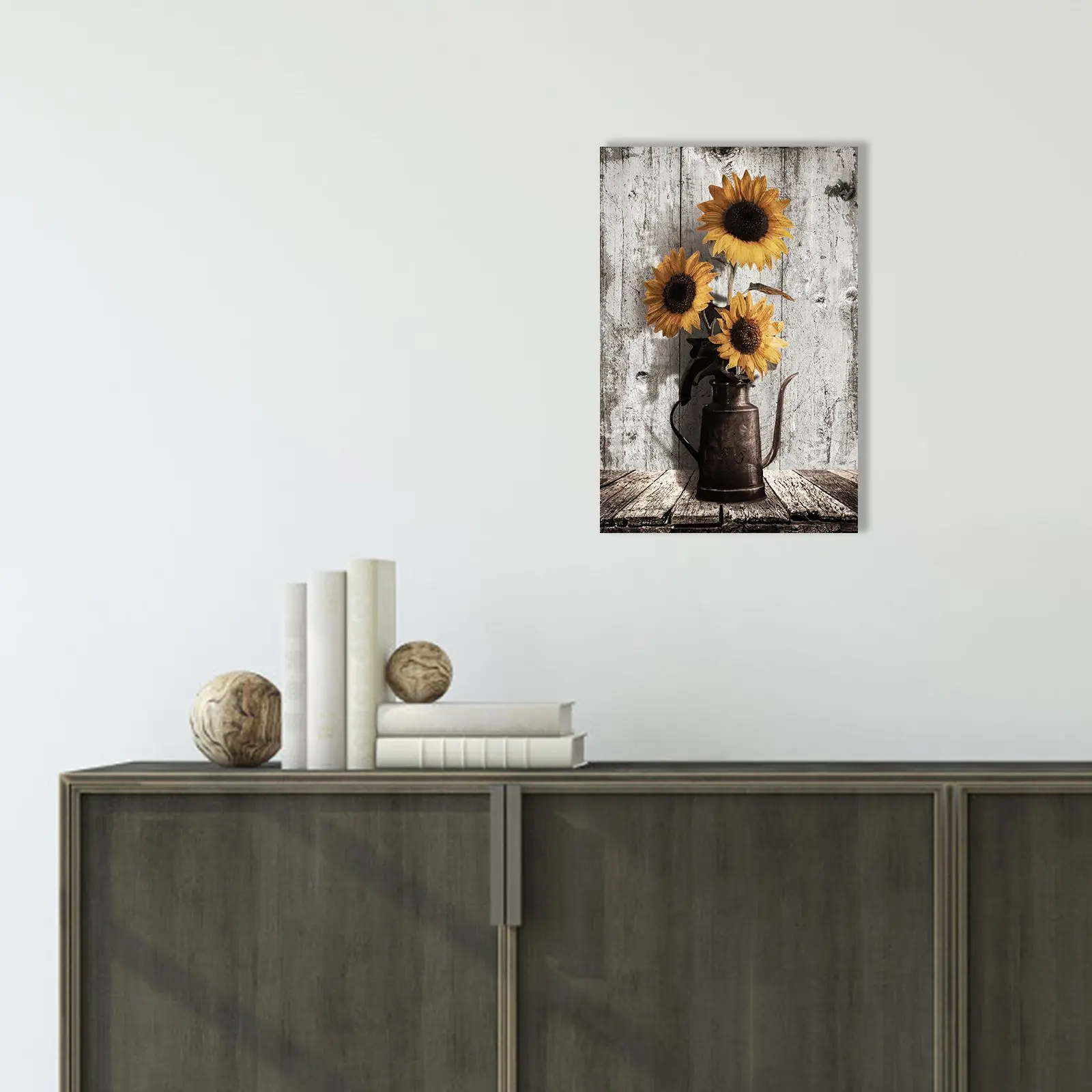 Wood Grain Framed Rustic Farmhouse Yellow Flower Acrylic Painting of Sunflower