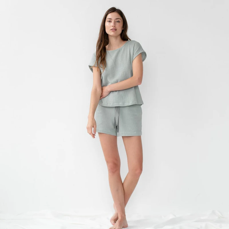 Short Sleeve Summer Mint Muslin Pajamas, Cotton Pajama Set Women