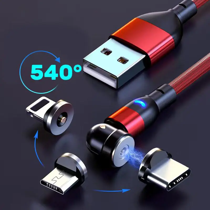 phone Fast Charging Data USB Magnetic Cable 540 Degrees Rotating 3 in 1 Red Standard Ultra Thin Usb 3 Micro B Cable Braid 1M/2M