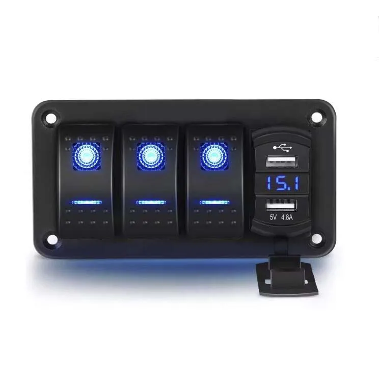 3 Gang Rocker Switch Panel with 4.8 Amp Dual USB Charger Voltmeter Waterproof 12V 24V DC Rocker Switch for Boat RV Trucks