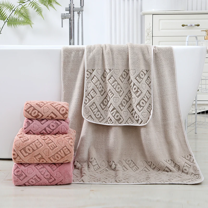 jacquard fabric coral fleece new released towel bathroom towel set high quality microfiber  bath towel hand softness