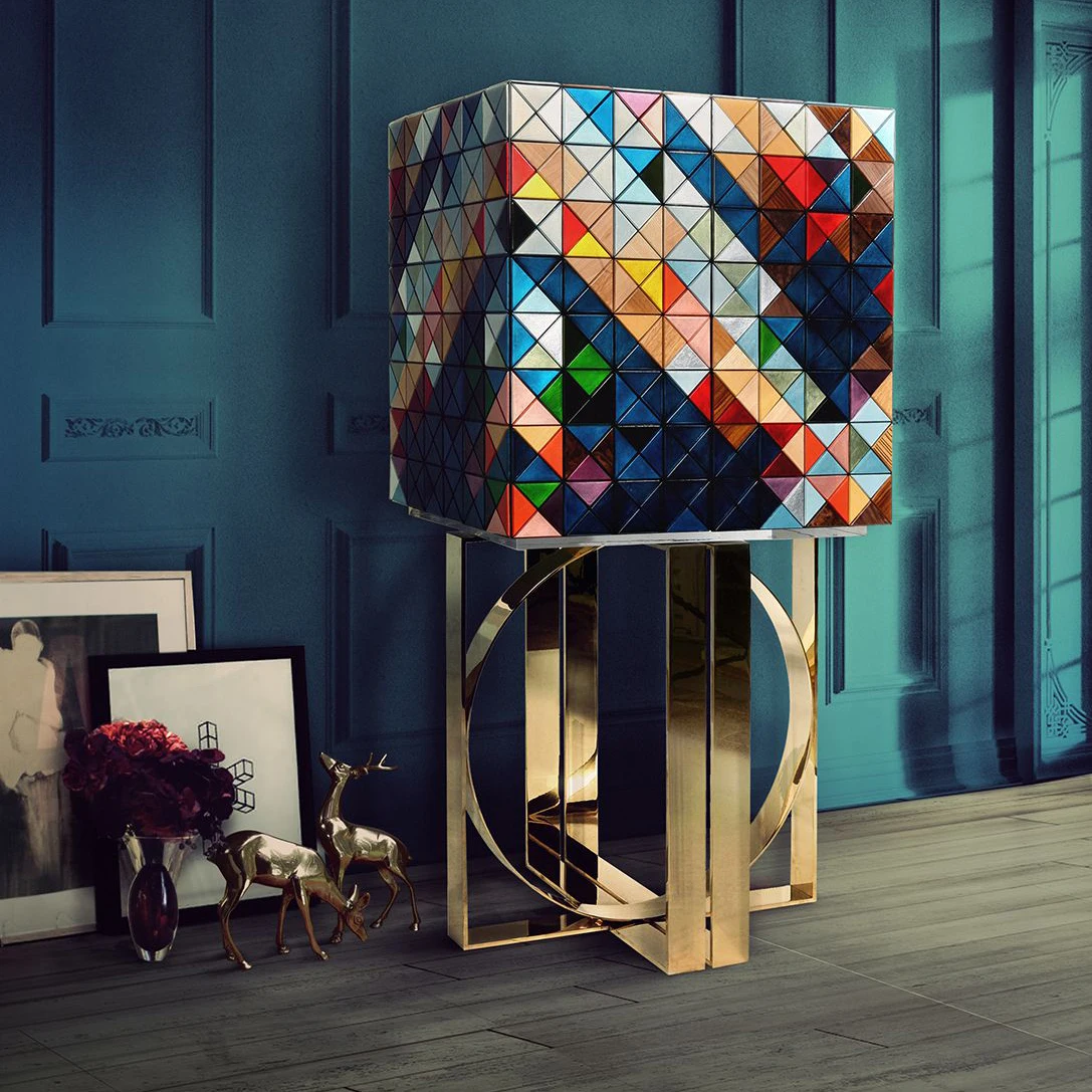 Luxurious modern wooden lockers, designer furniture with gold stainless steel legs for villa hotels