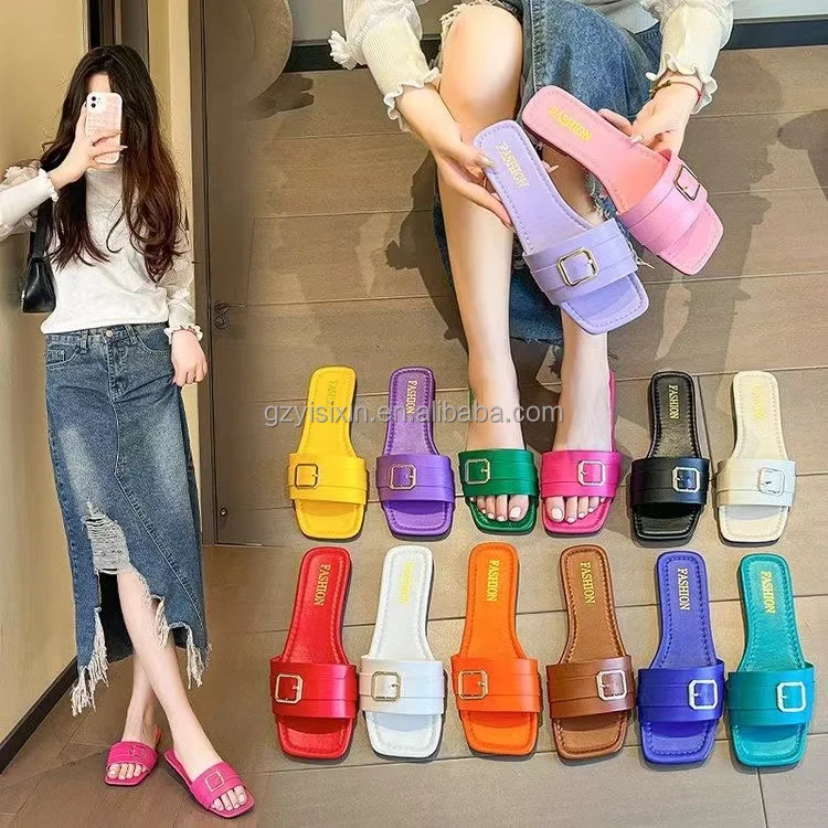 2024 High quality selling cheap new summer slippers female network red candy color wear fashion beach shoes