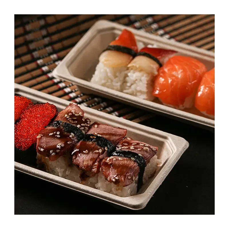 Disposable Rectangle Food Container with Lid Bagasse Tray Take Away Sushi Box Bagasse Packaging