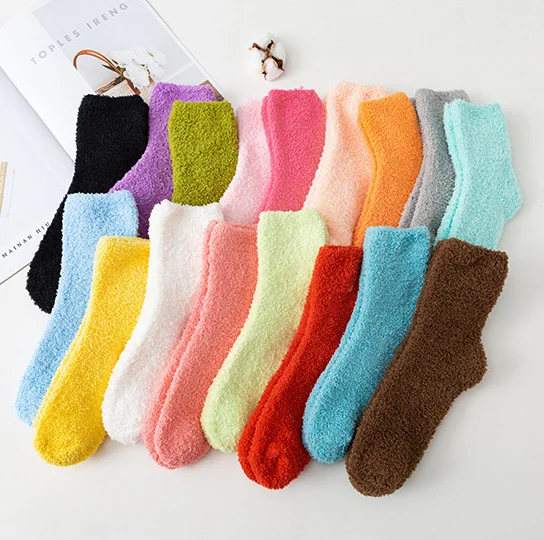 Winter Hot Sale Cheap Thick Coral Fleece Warm Ladies Socks Fashion Solid Plain Color Cozy Fuzzy Warm Women Socks