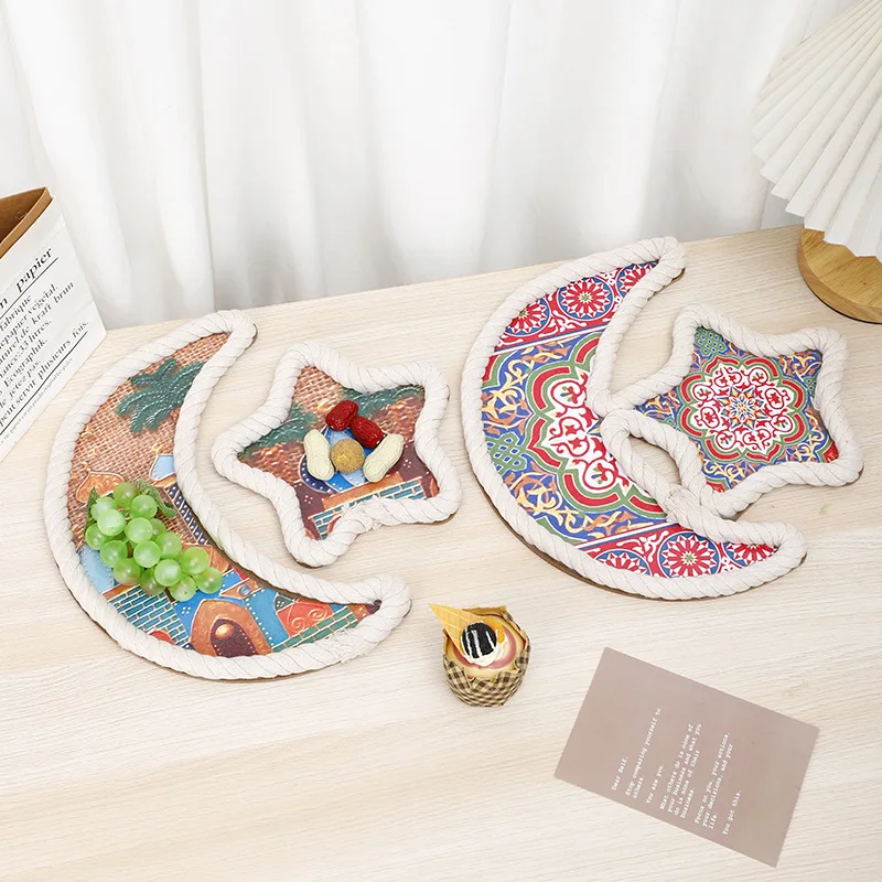 Islamic Muslim Colorful Plate with Cotton Rope Ramadan Moon Star Plate Eid Wooden Tray For Home Dinner Table Decoration