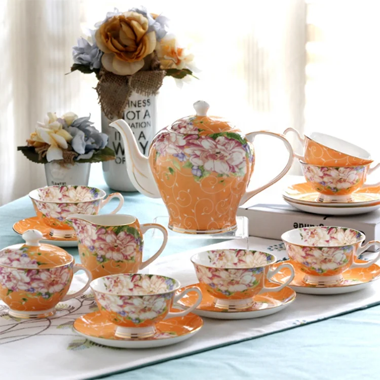 15PCS Elegance Flower Decal Tangshan Porcelain Fine Bone China Tea And Coffee Set Manufacture For Wholesale
