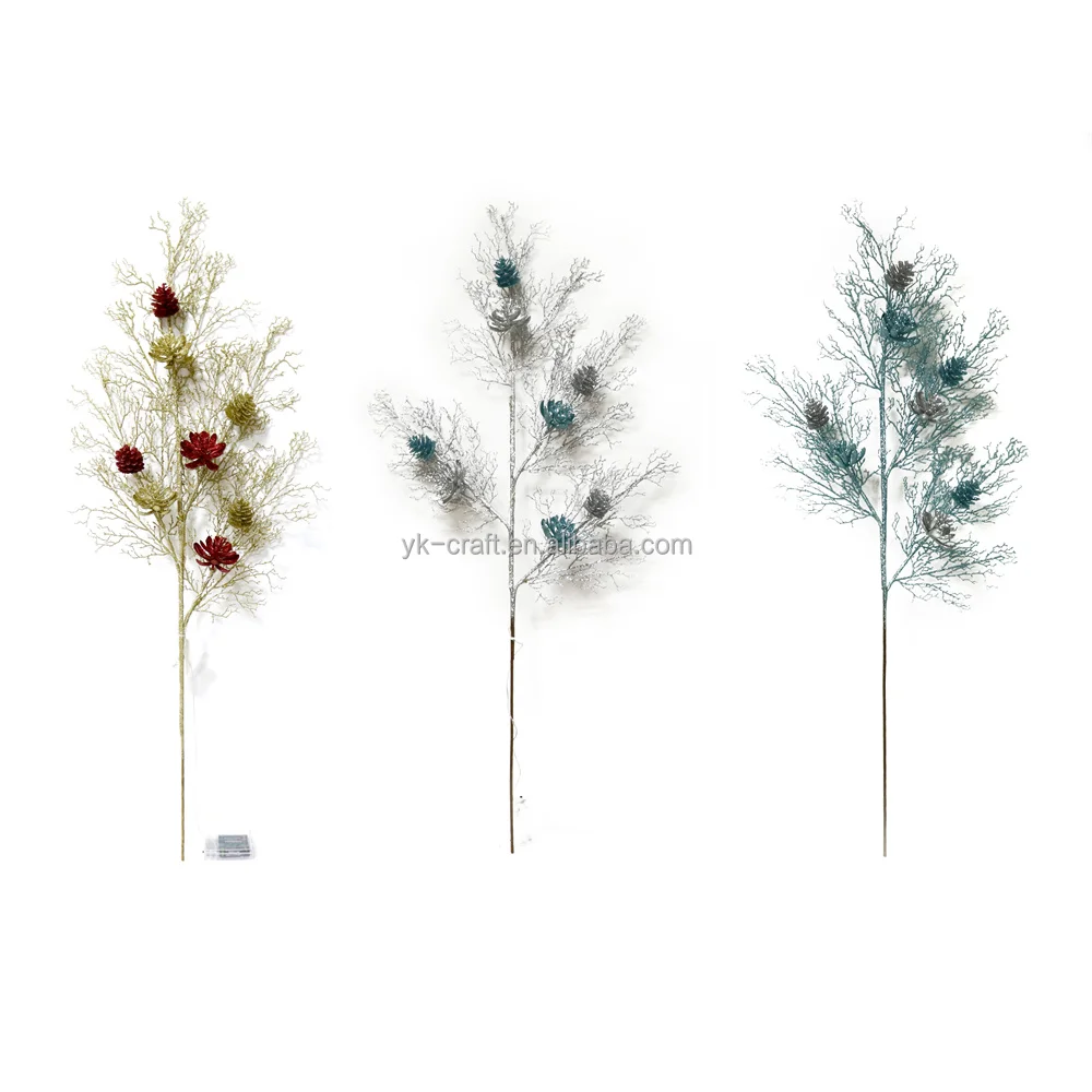 Wholesale Plastic Gold Leaves Picks Pine Cone With Red Flowers Spray Glitter Branch Xmas Decoration Long Pick With Led Lights