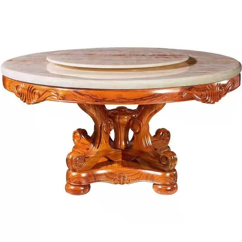 Classic European Style Dining Table 8 Seaters Chairs Luxury Marble Wooden Rotating Dining Table Set