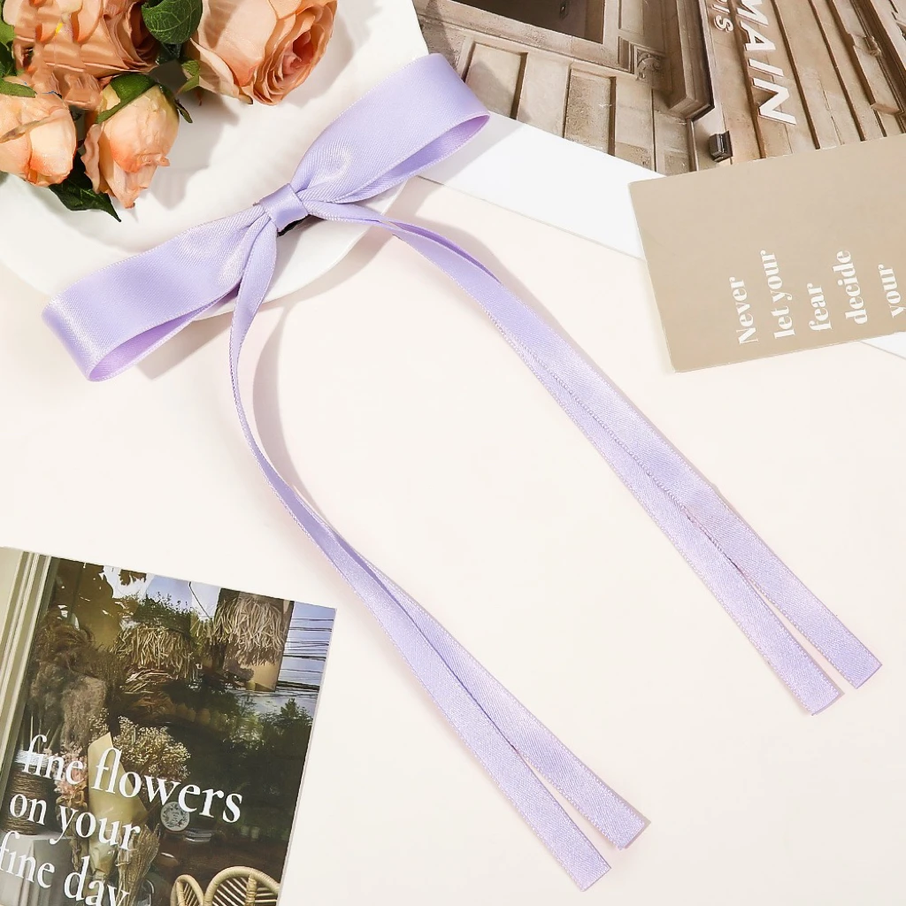 New Korean Hot Selling Sweet Girls Braided Ribbon Bow Hair Clips Elegant Solid Color Long Ribbon Hair Bow Duck Bill Hair Clips