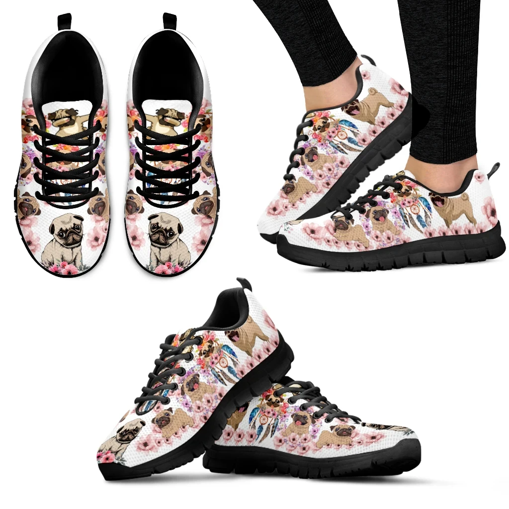Factory Direct Sales Kawaii Pug Flower Print Running Sneakers Lace up Flat Shoes Summer Spring Comfort Walking Shoes Custom Logo