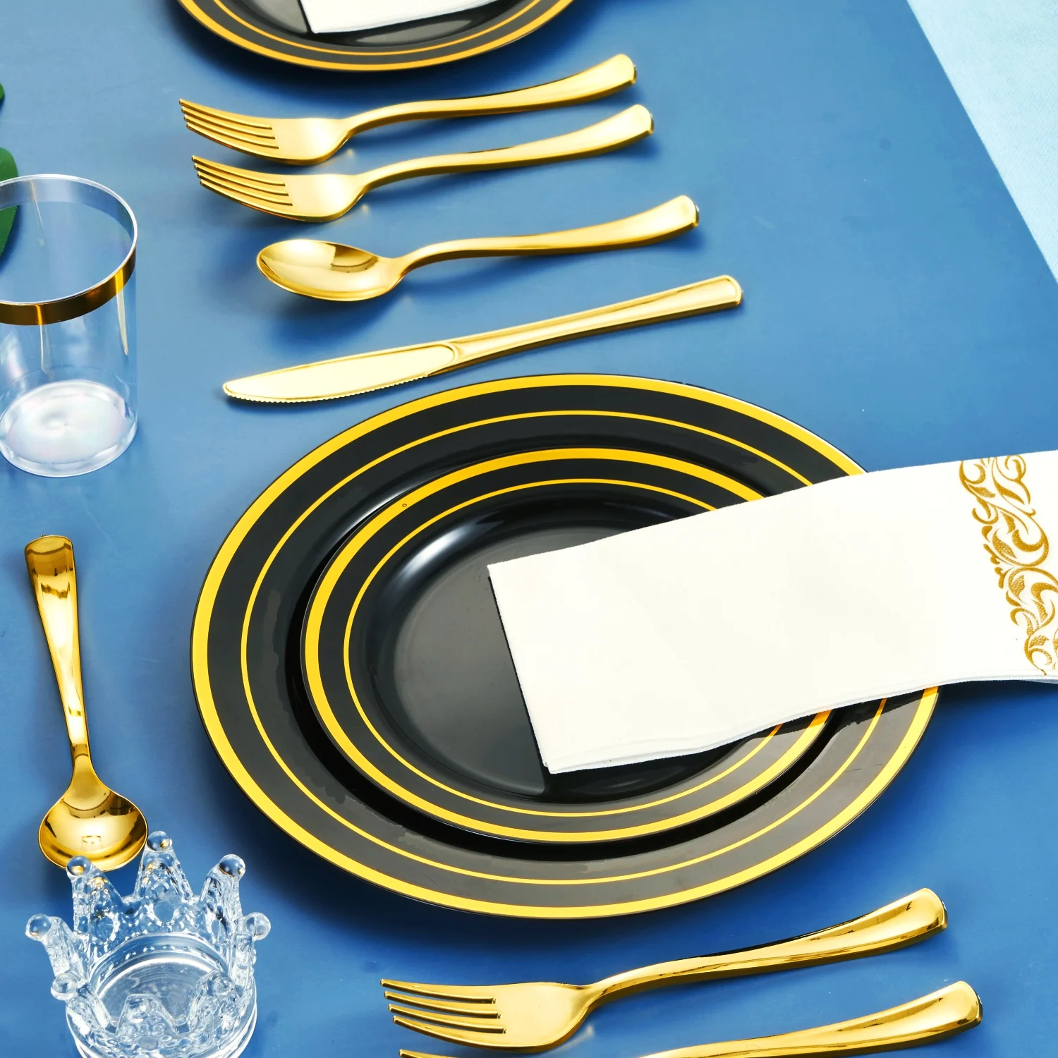  Black and gold party wedding plates plastic disposable cutlery dinnerware