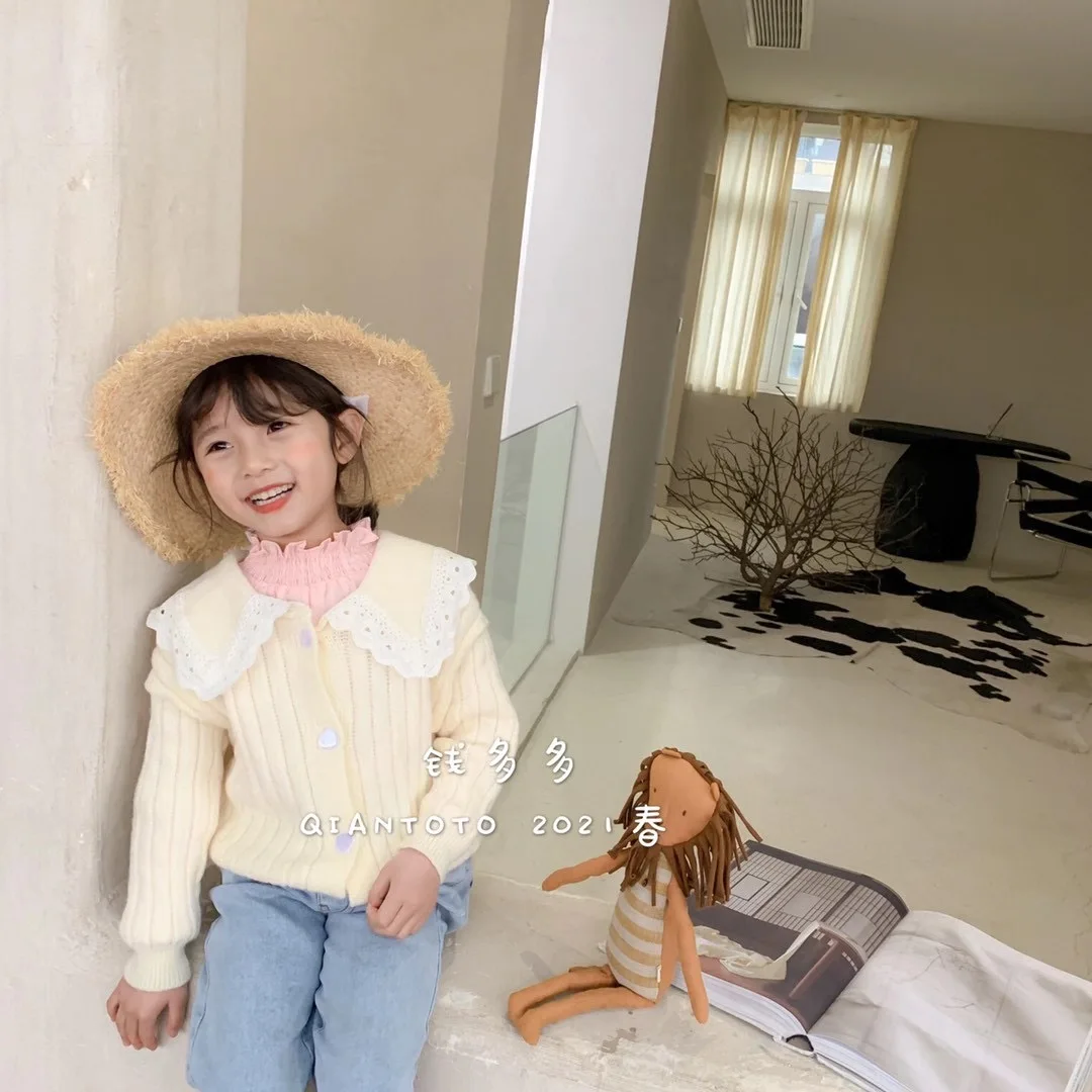 
Wholesale organic cotton knitted baby multicolored sweater lace cardigan for girls 