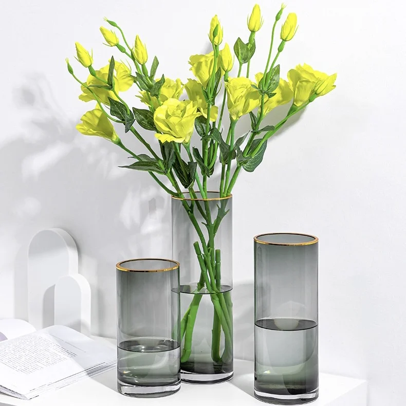 Simple gray drawing gold straight glass vase living room decoration hanging dry vase glass vase for flowers