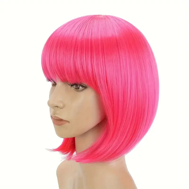 Short Bob Wig With Bangs 12 Inch Straight Bob Synthetic Wigs Colorful Wigs For Cosplay Party Daily Use