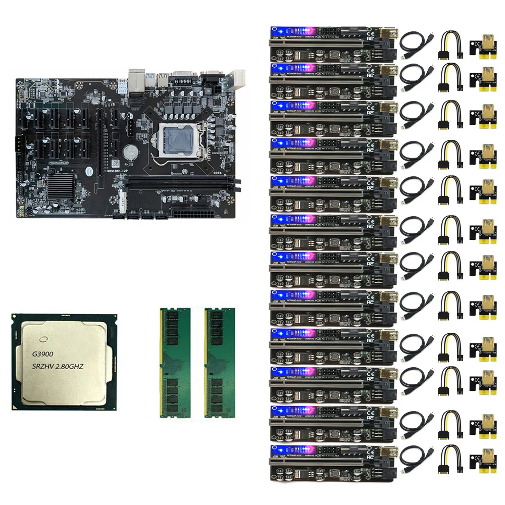 ATX 12GPU B250 LGA1151 Motherboard Set With G3900 CPU And DDR4 RAM CPU Fans VER009s 009s plus USB 3.0 PCI B250