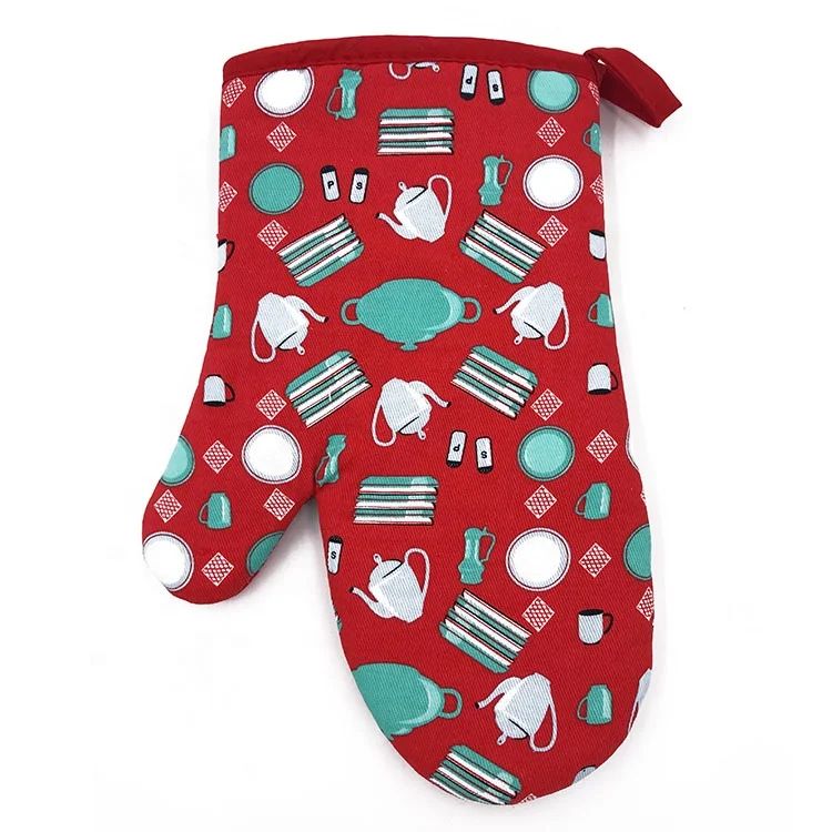Factory Customized Pattern Cotton Oven Mitts Kitchen Insulation Gloves Red