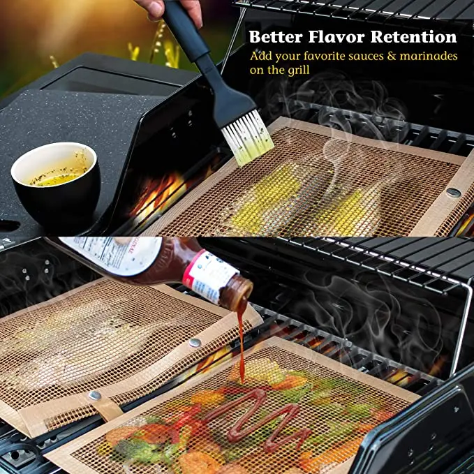 OEM Outdoor Non Stick Dishwasher Safe Ptfe Black Cooking Baked Barbecue Bag Pouches Reusable Mesh Bbq Grill Bag