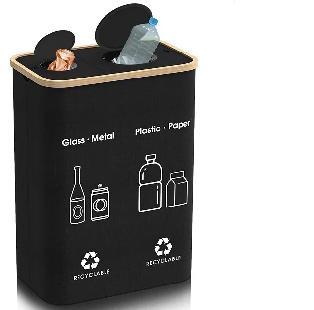 Custom Design Foldable Double-layer Rectangular Storage Recyclable Bamboo Oxford Cloth Bottle Recycling Storage Basket