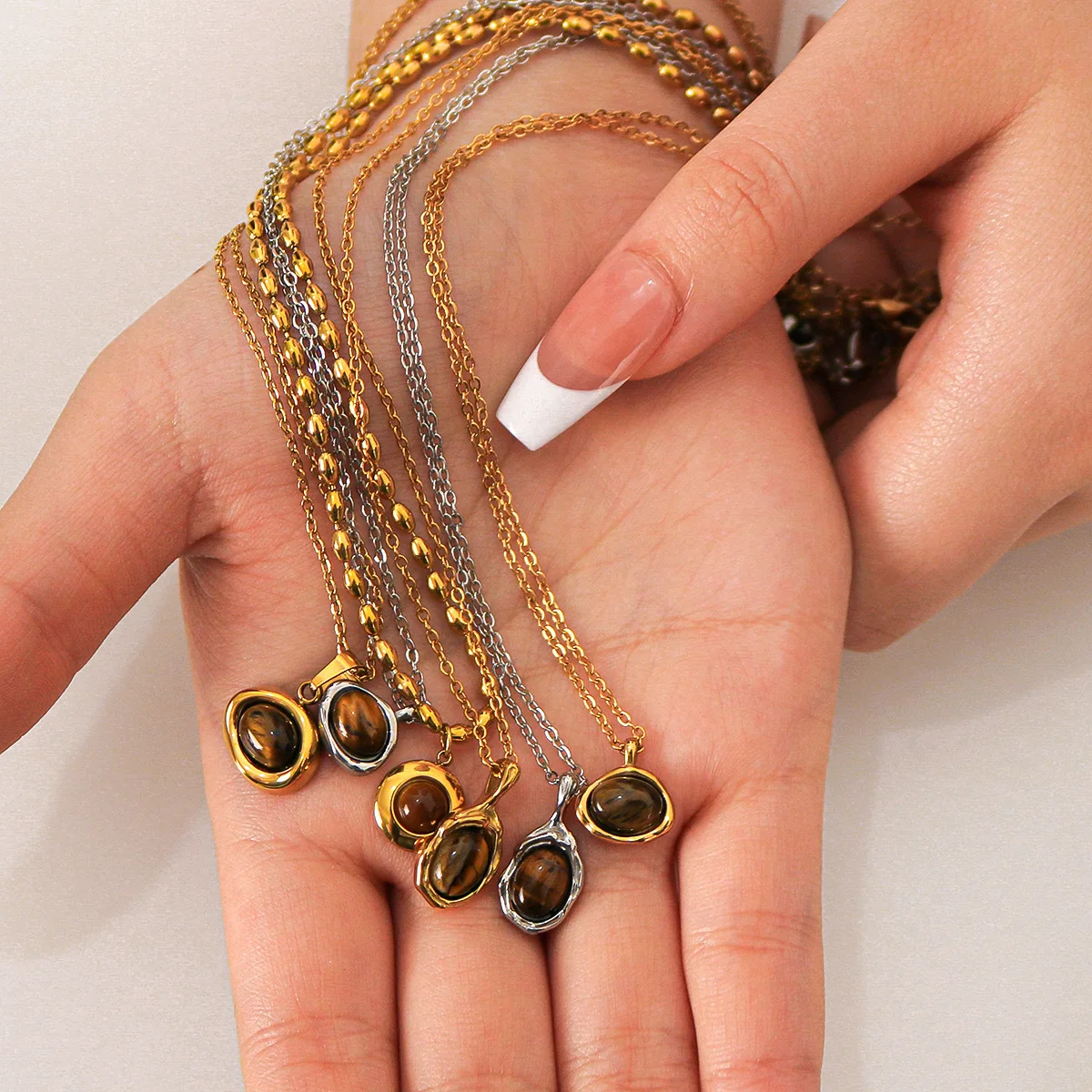 DUYIZHAO Fashion Vintage Stainless Steel Natural Stone Tiger Eye Opal Cat Eye Geometric Round Oval Necklace For Women