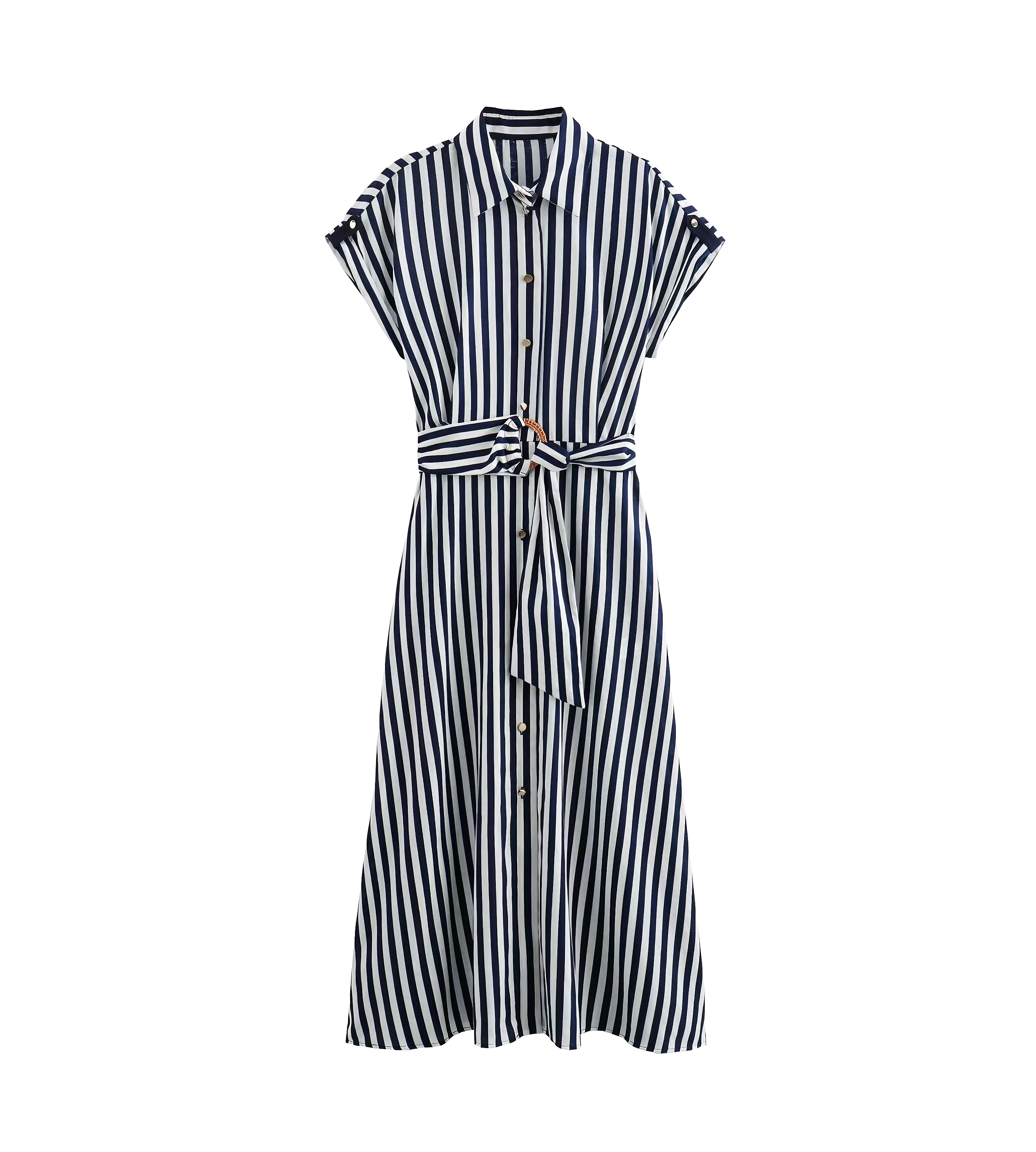 Turn down collar striped print sleeveless sashes buttons up casual fashion summer long dress for women