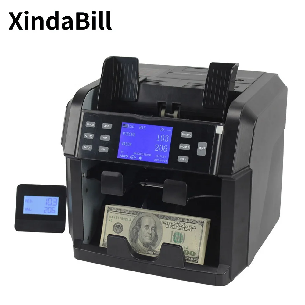 Mixed Value Money Counting Machine 2CIS Bill Banknote Cash Currency Two Pockets Counter and Detector with TFT Display