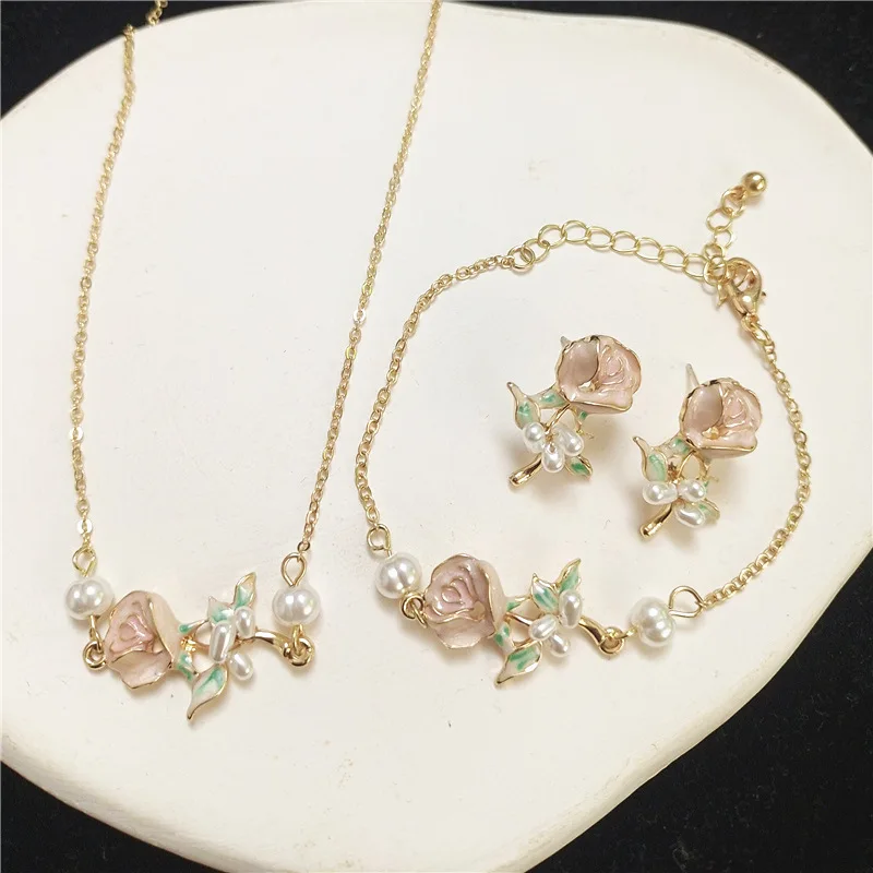 Factory Direct Rose Tea Beautiful Bright Flowers Long Earrings Bracelet Necklace Set Forest style French Retro Set
