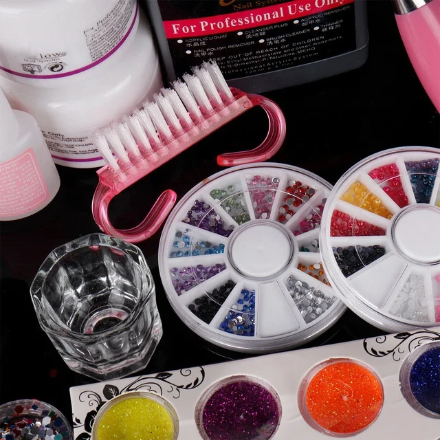 Pro Acrylic Power Manicure Nail Kit Acrylic Liquid Tips Cutter Glitter Rhinestones File Brush Manicure Nail Art Tool Set Gel Kit