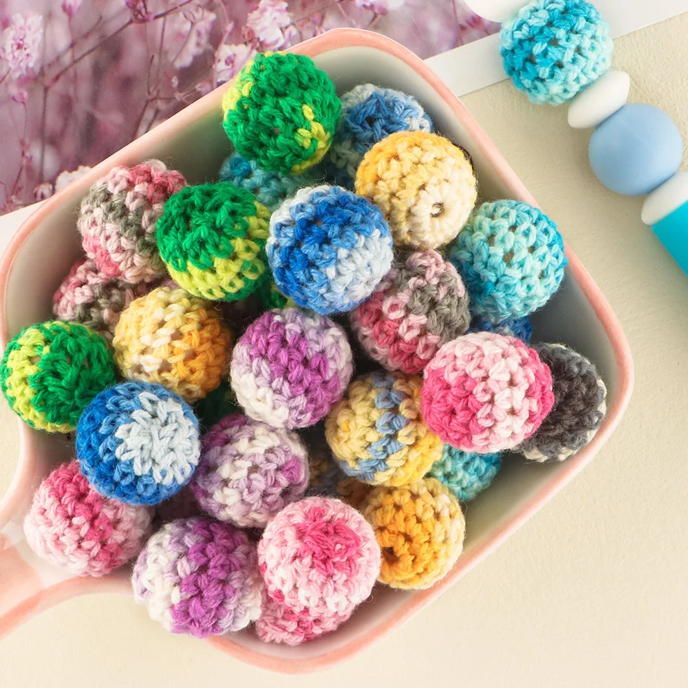 Organic Handmade 16mm Teething Wooden Colored Crochet beads Round Colour Mix Ball Knit Crochet Beads Baby Crochet Cotton Beads