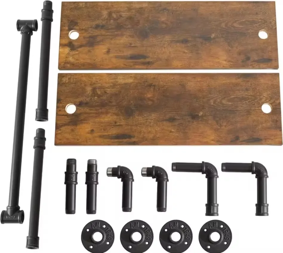 2 Tiers Industrial Matte Black Pipe Floating Shelves with Towel Bar, 24 Inch Farmhouse Vintage Style Shelf for Bathroom