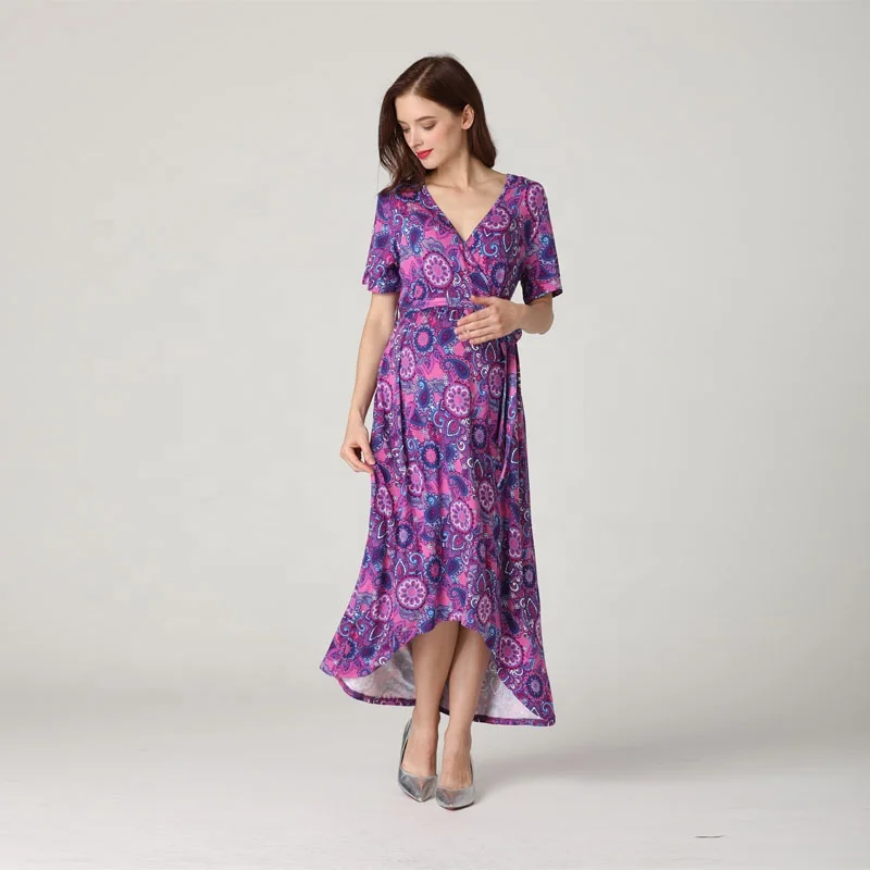 V Neck Big size Floral Maternity Dress Soft Rayon Stretch Maternity Clothes Breastfeeding Nursing Wrap Dress Stock Wholesale