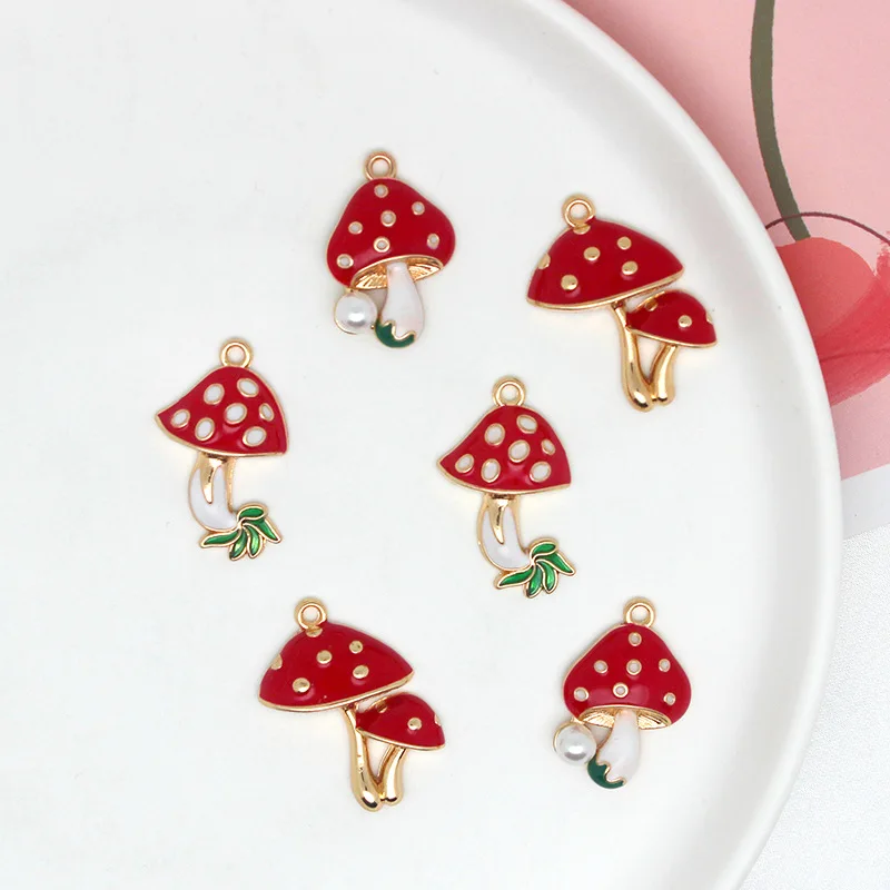 Cute Enamel alloy pearl mushroom charms for jewelry making earring pendant necklace bracelet charm