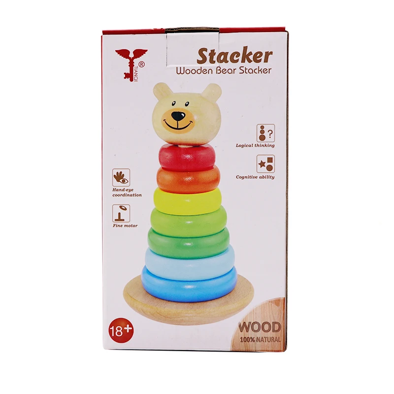 Wooden Rainbow Tower Ring Building Blocks Stacking Toy Bear Colorful Tower for children