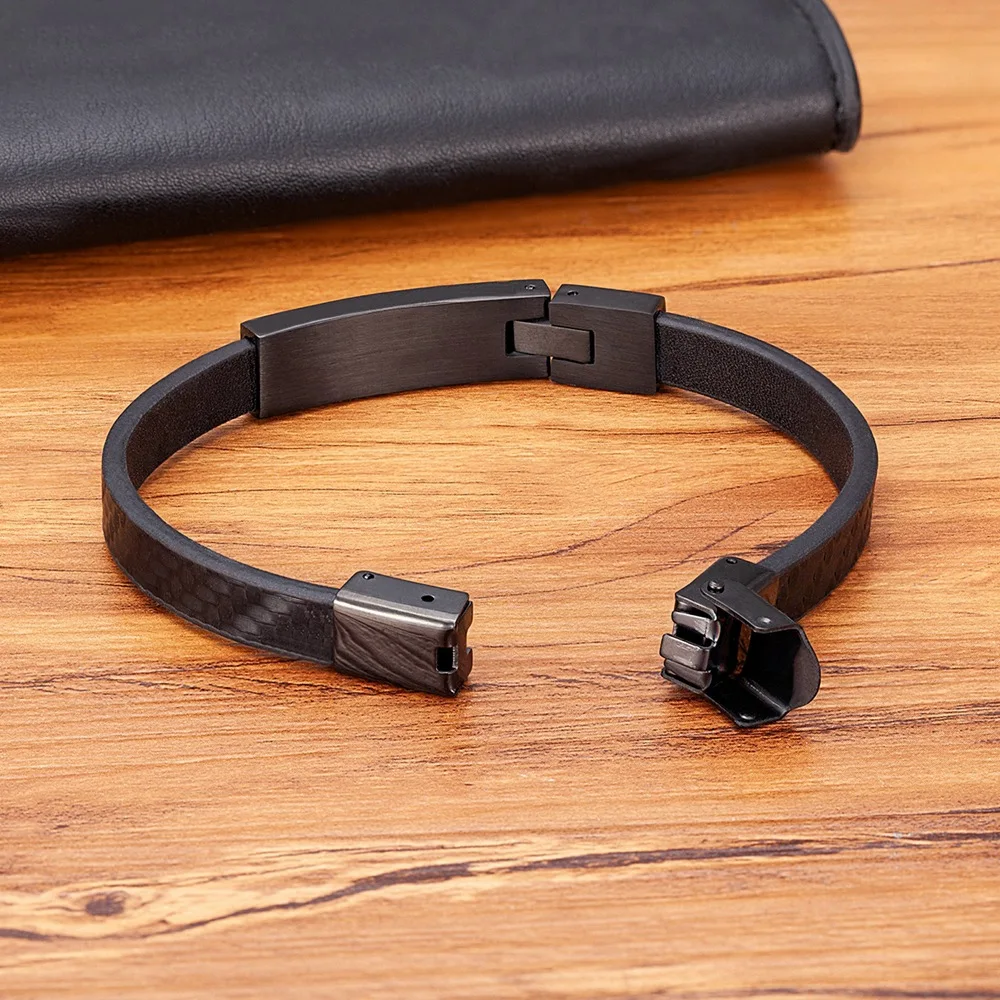 High Quality New Fashion Simple Style Geometry Stainless Steel Magnet Clasp Real Genuine Leather Bracelet For Men 2231