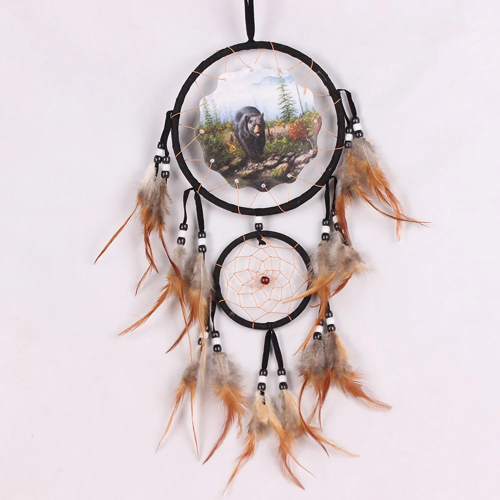 Wolf Printed Unisex Photo Frame Dream  Catcher 16 CM Double Rings For Wall Hanging With Natural Rooster Feather Home Decoration