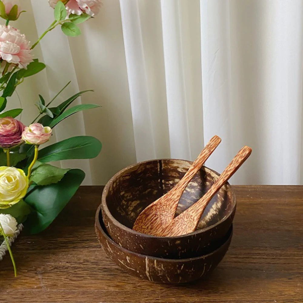 One Stop Shopping High Quality Hand Made Eco Friendly Organic Unpolished Small Wood Salad Coconut Shell Bowls With Spoons