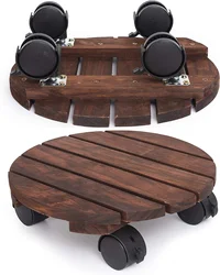 Custom Indoor Outdoor Flower Pot Caddy Rustic Round Wooden Plant Stand with Wheels