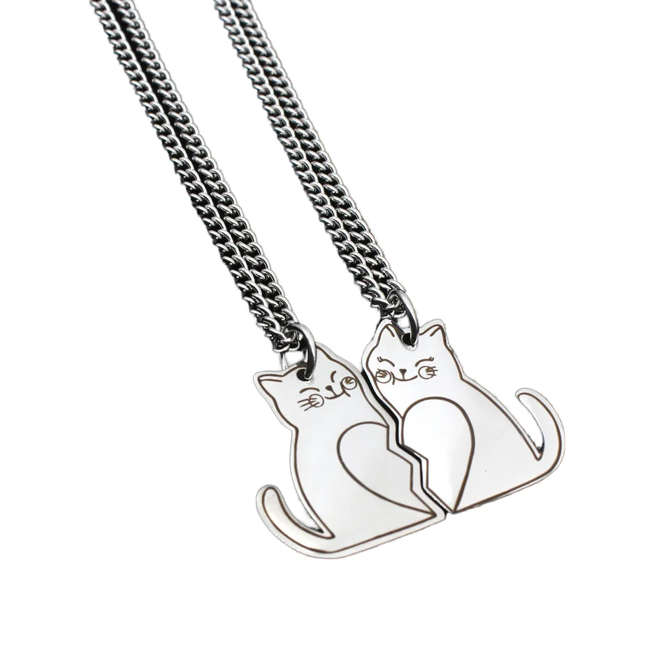 Two Cat Couple Necklaces Jewelry Stainless Steel Kitten Heart Puzzle Animal Pendant Choker Necklace Lovers Friendship Gift