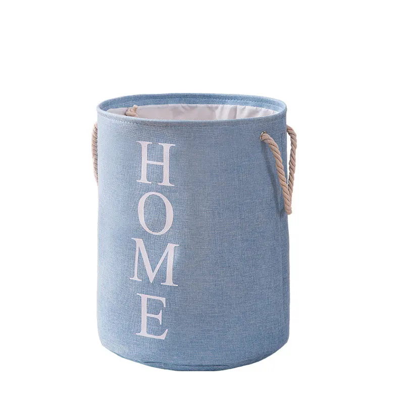 Large Sized Waterproof Cotton Fabric Folding Laundry Hamper Bucket Cylindric Burlap Storage Basket with Letter Design