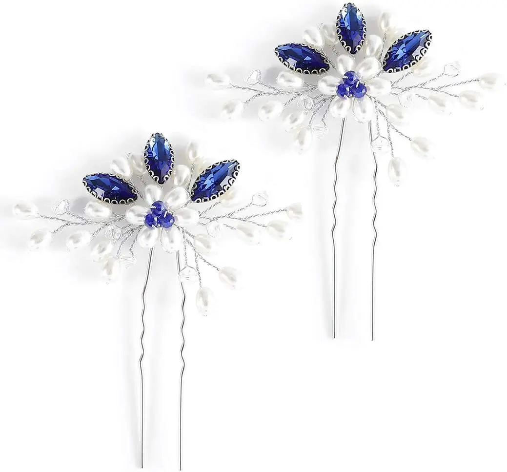 Wedding Hair Accessories Blue Crystal Bridal Hair Pearl Clear Beads Stick Floral Hairpin Beautiful Headdress Hair Clip