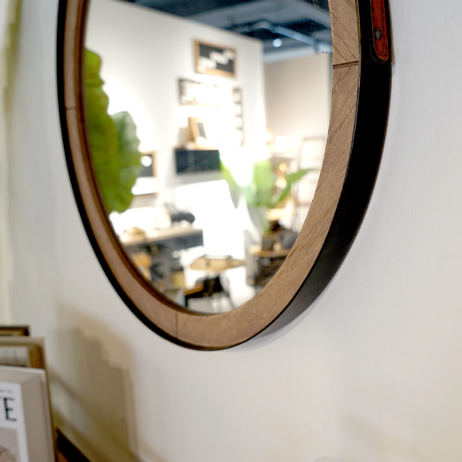 Country style iron wood frame round hanging mirror Home living room hallway porch decoration wall mirror