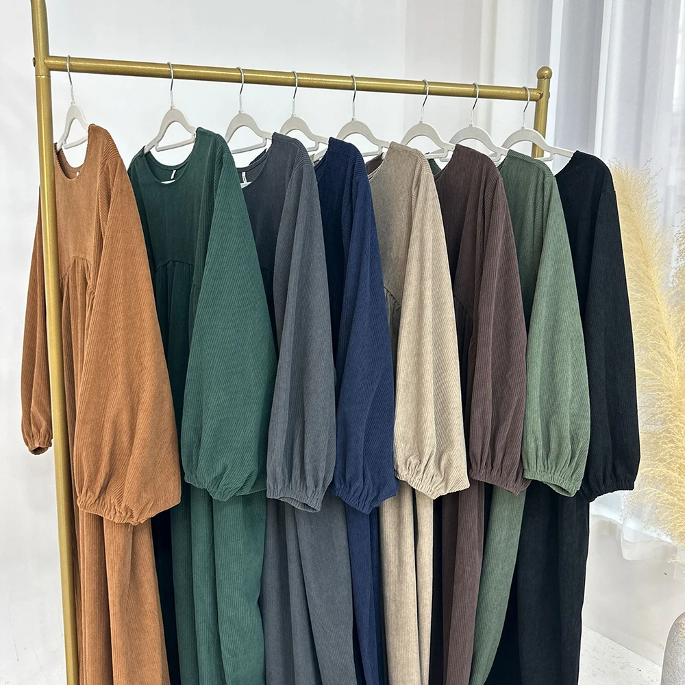 Latest Islamic Muslim Women Autumn Winter Abaya Dress Turkey Dubai Modest Corduroy Loose Casual Dresses Abaya Women Muslim Dress